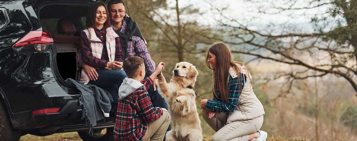 Family enjoying the outdoors with their dog.