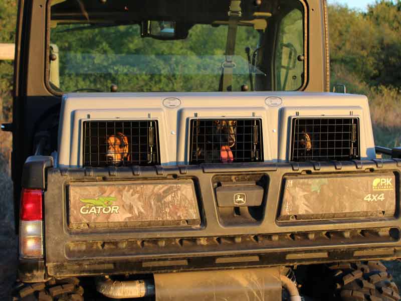 Easy Loader Three Hole Kennel with three hunting dogs loaded into a SXS bed.